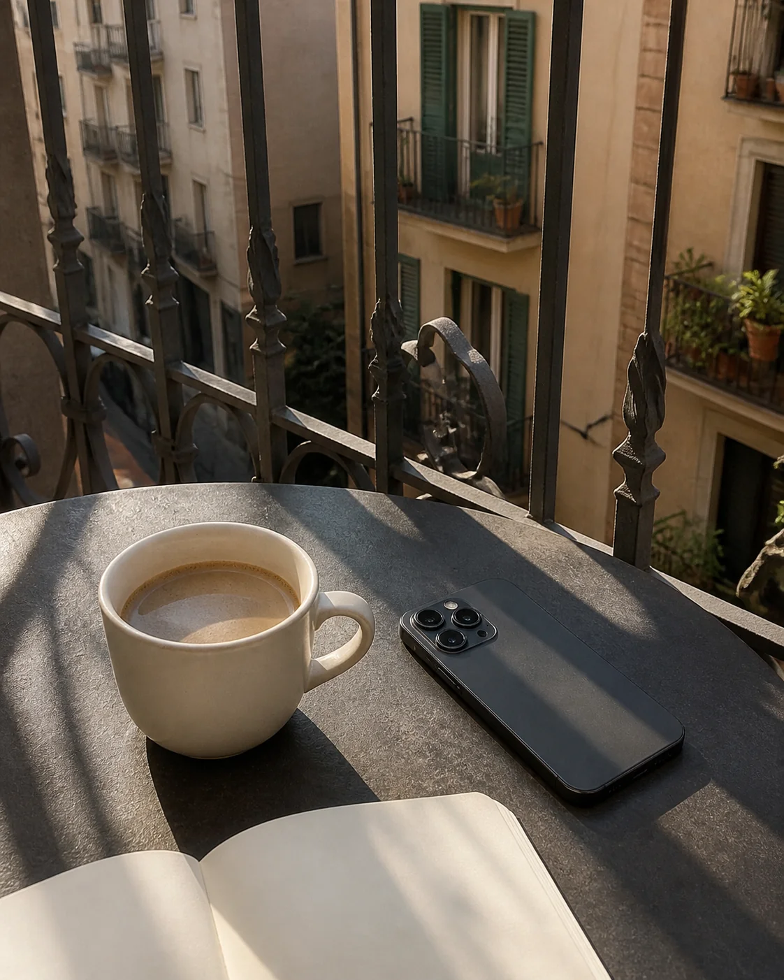 A face-down dark phone, a cooling cup of coffee and a blank notebook rest on a sunlit Gràcia balcony table.