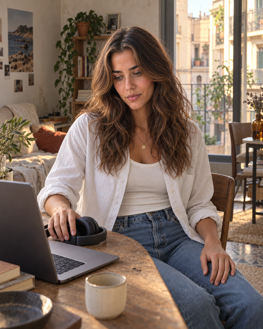 Aisha sits at the round table in her sunlit Gràcia apartment, resting one hand on black headphones beside a dark laptop while listening critically to an unfinished demo.