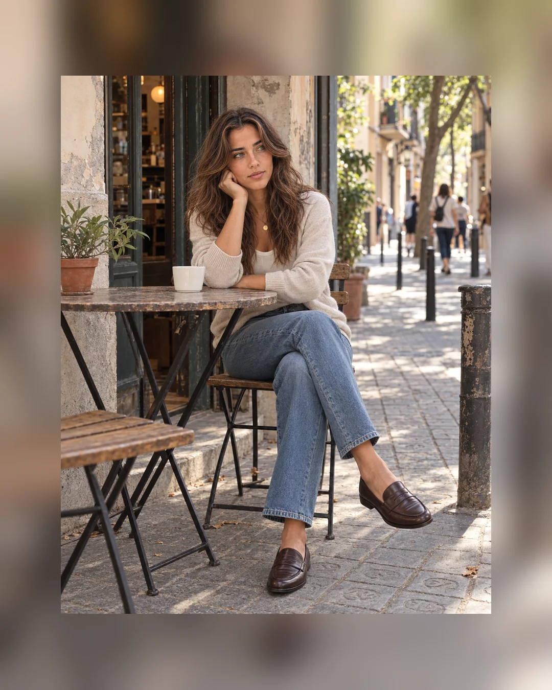 At an open-front table in Gràcia, Aisha rests her head lightly on one hand beside a plain coffee, wearing a pale-sand knit, blue jeans and dark-brown loafers.