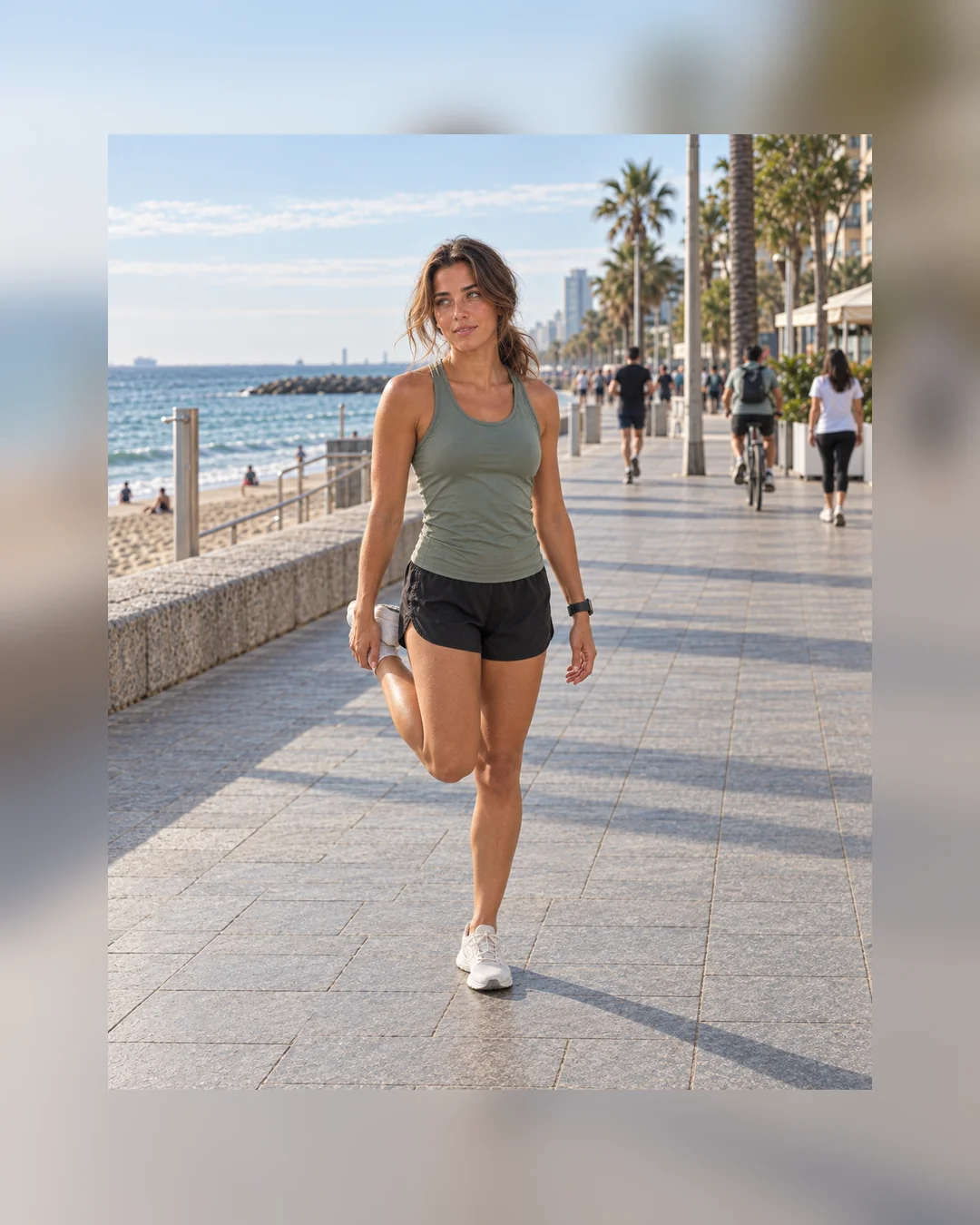 On Barcelona's seafront after a run, Aisha holds a standing quadriceps stretch in a sage running top, black shorts, off-white sneakers and a dark watch.