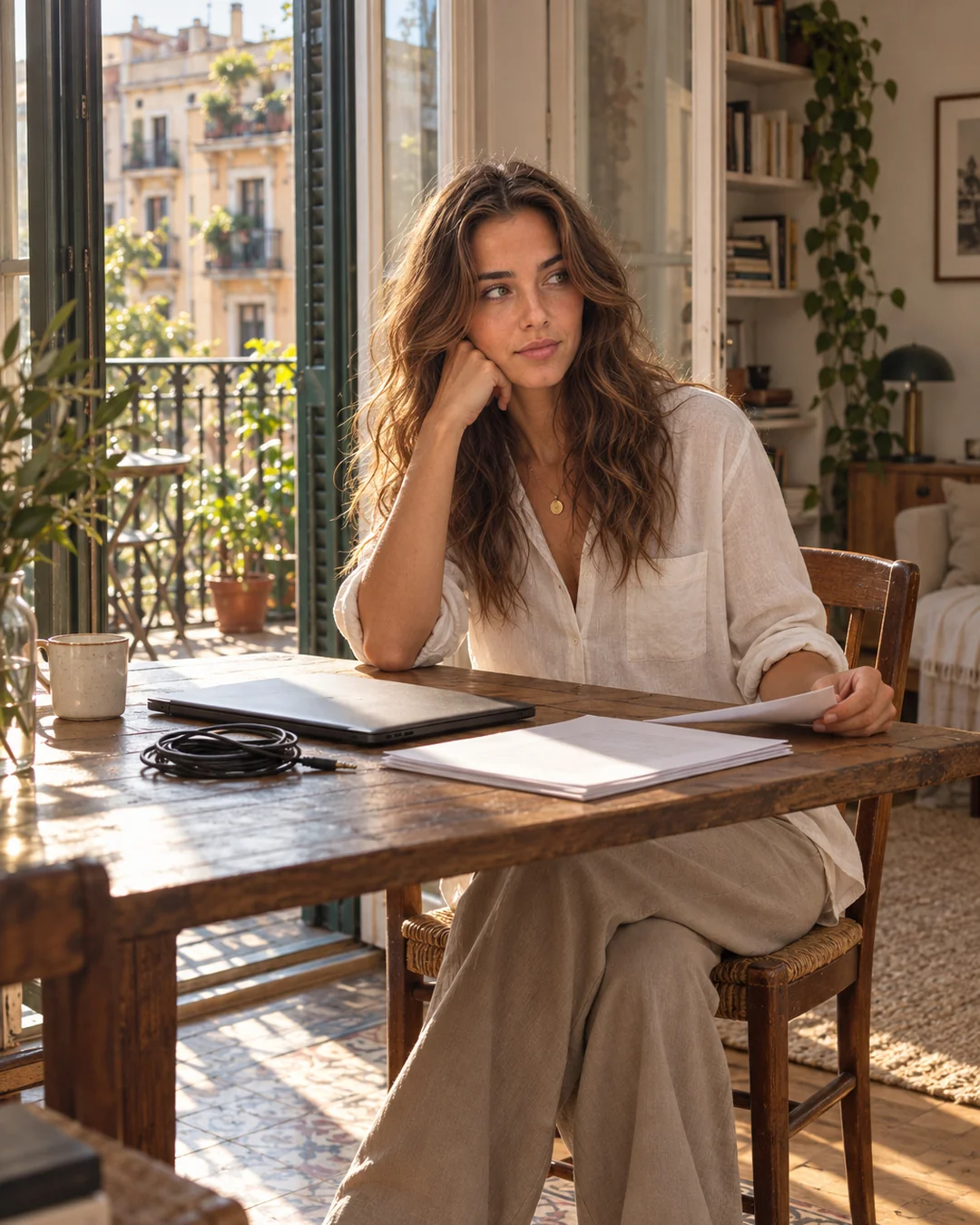 At her Gràcia apartment table beside an open balcony, Aisha holds a paper calendar near a plain cup, closed dark laptop and coiled cable, wearing a soft-white shirt, stone trousers and one gold pendant.