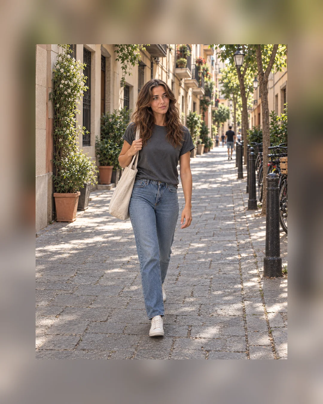 Aisha walks along a sunlit Gràcia side street in a faded-charcoal T-shirt, straight blue jeans and off-white sneakers, carrying a natural-canvas tote.
