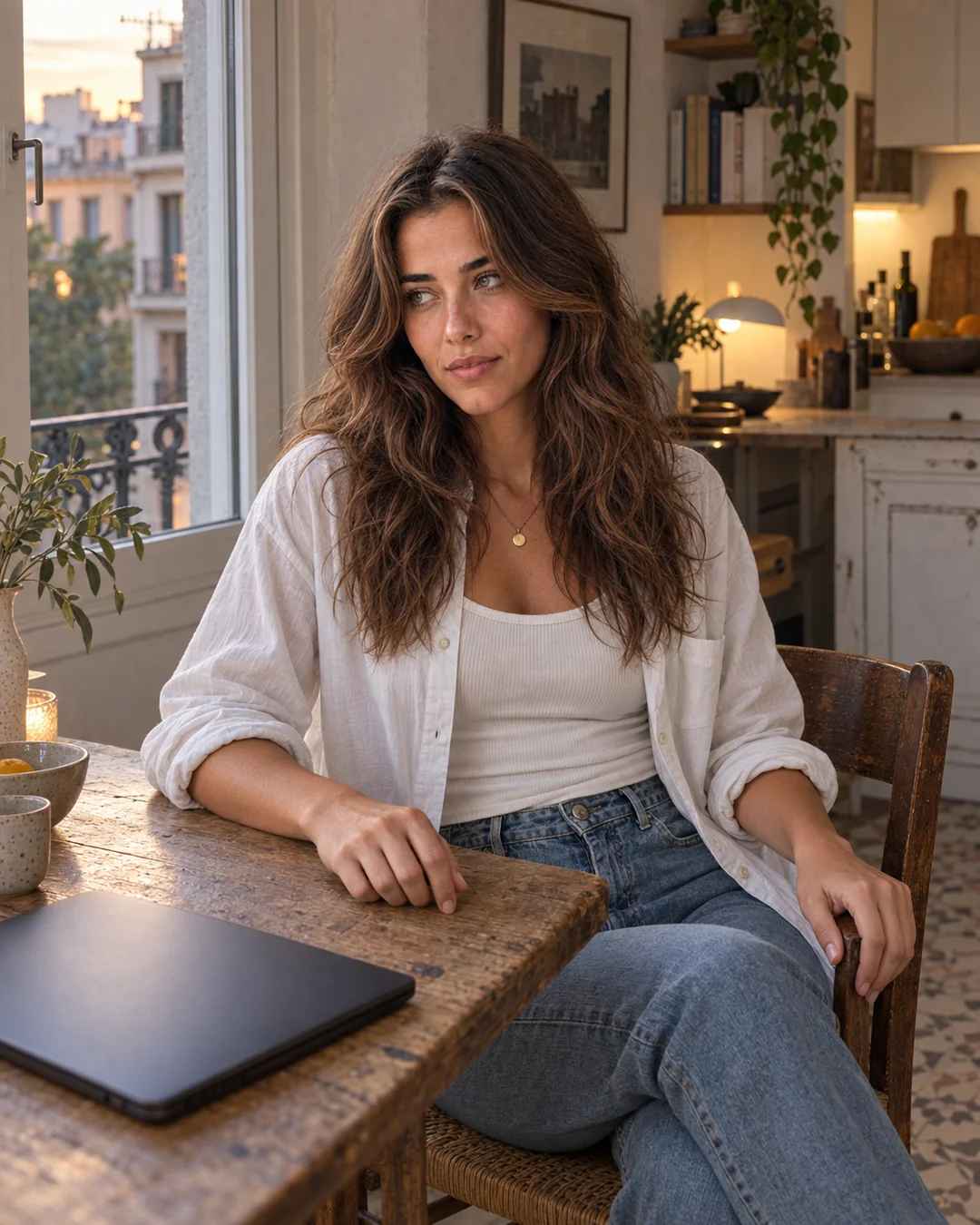 In her Gràcia apartment, Aisha sits beside a closed dark laptop wearing an off-white ribbed tank, open soft-white cotton shirt, straight blue jeans and one small gold pendant.