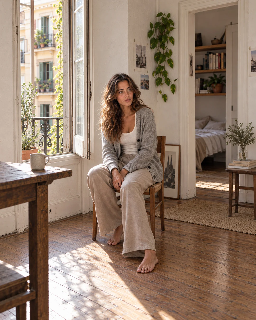Aisha sits barefoot on a wooden chair by an open window in her Gràcia apartment, wearing a warm-grey cardigan, off-white tank and stone lounge trousers, with a plain cup nearby.