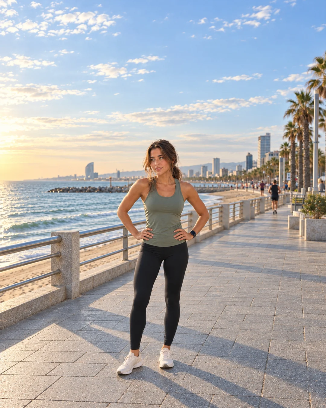 Aisha pauses after a run on Barcelona's seafront in a muted-sage running top, black full-length leggings, off-white sneakers and a dark sports watch.