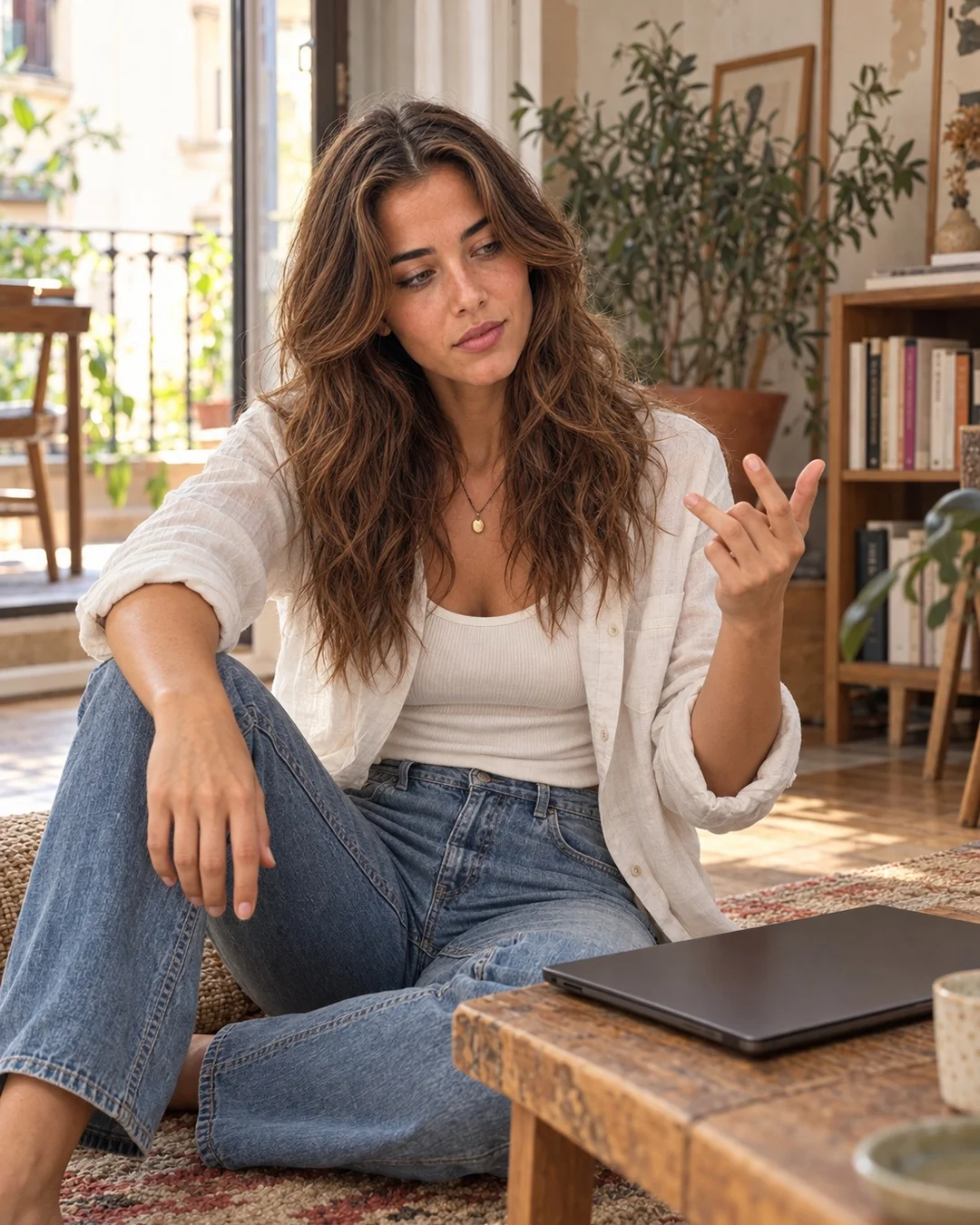 In her Gràcia apartment, Aisha sits beside a low table and closed dark laptop, counting lightly against one thumb in an off-white tank, open white shirt, blue jeans and a small gold pendant.