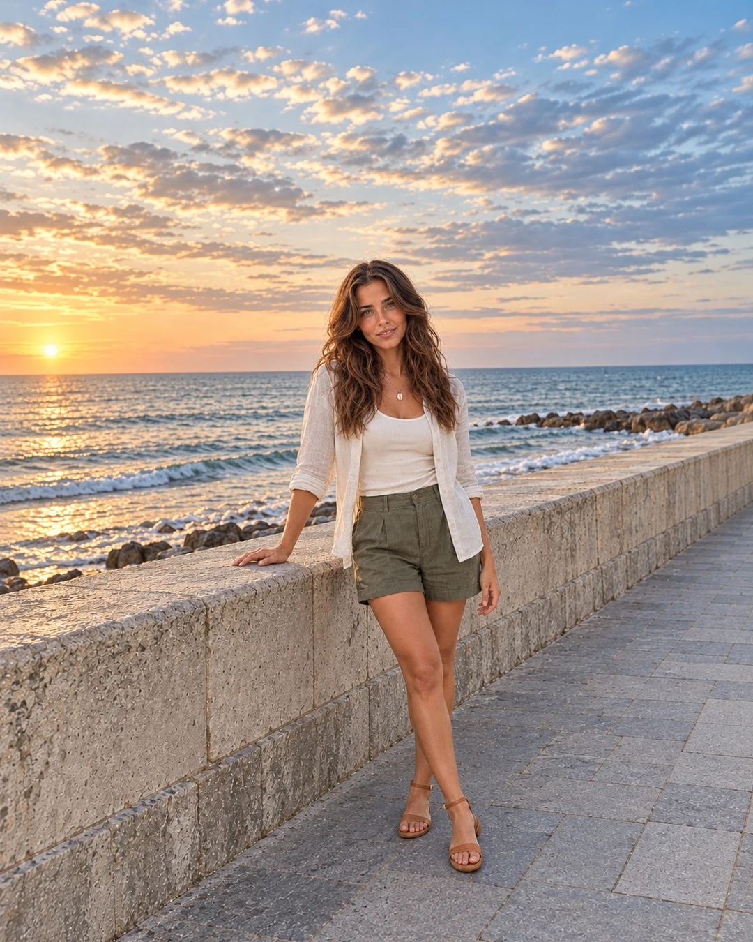 On Barcelona's seafront in late-afternoon light, Aisha stands beside a low wall in an open ivory linen shirt, off-white tank, olive shorts, tan sandals and a small shell necklace.