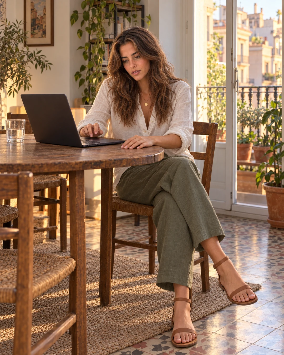 Aisha listens at her wooden table in her Gràcia apartment, wearing an ivory linen shirt, olive trousers, tan sandals and a small gold pendant.