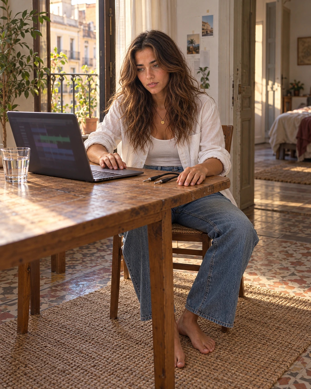 Aisha tests an unfinished demo at her wooden table in her Gràcia apartment, wearing an open white shirt, ribbed tank, blue jeans and a small gold pendant.