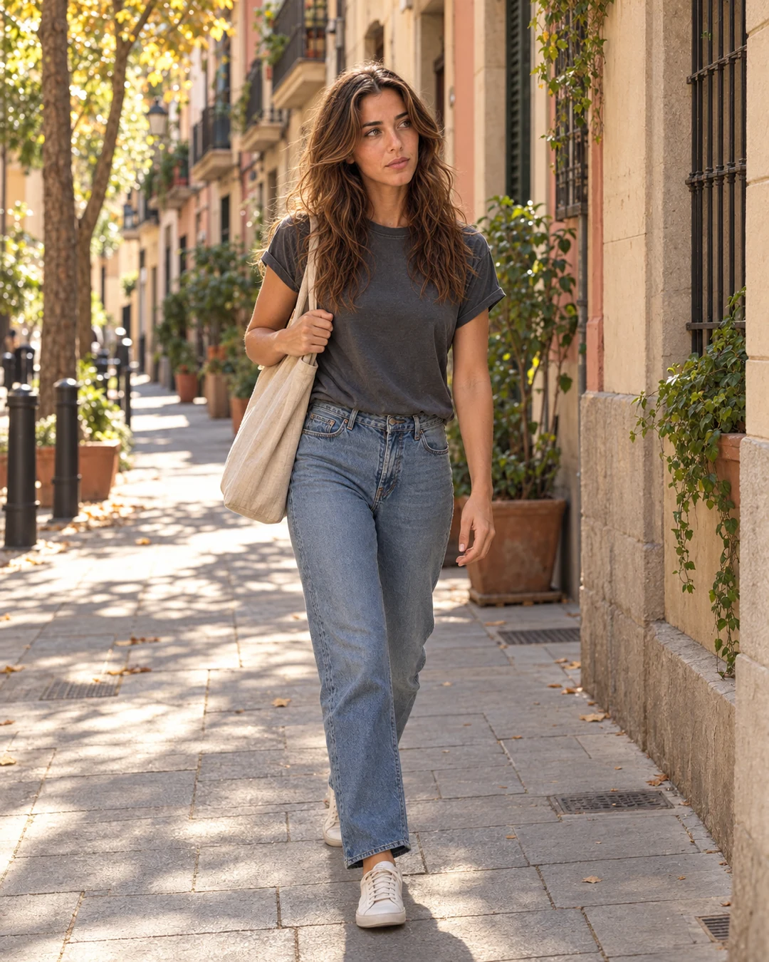 Aisha walks along a quiet sunlit Gràcia street in a charcoal tee and blue jeans, carrying a plain canvas tote while listening inward.